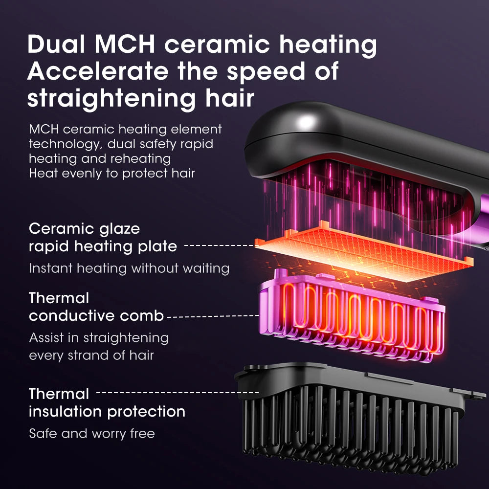 2-in-1 Electric Hair Straightening Brush & Curling Comb | Heated Styling Comb | Anti-Scald Hair Tool